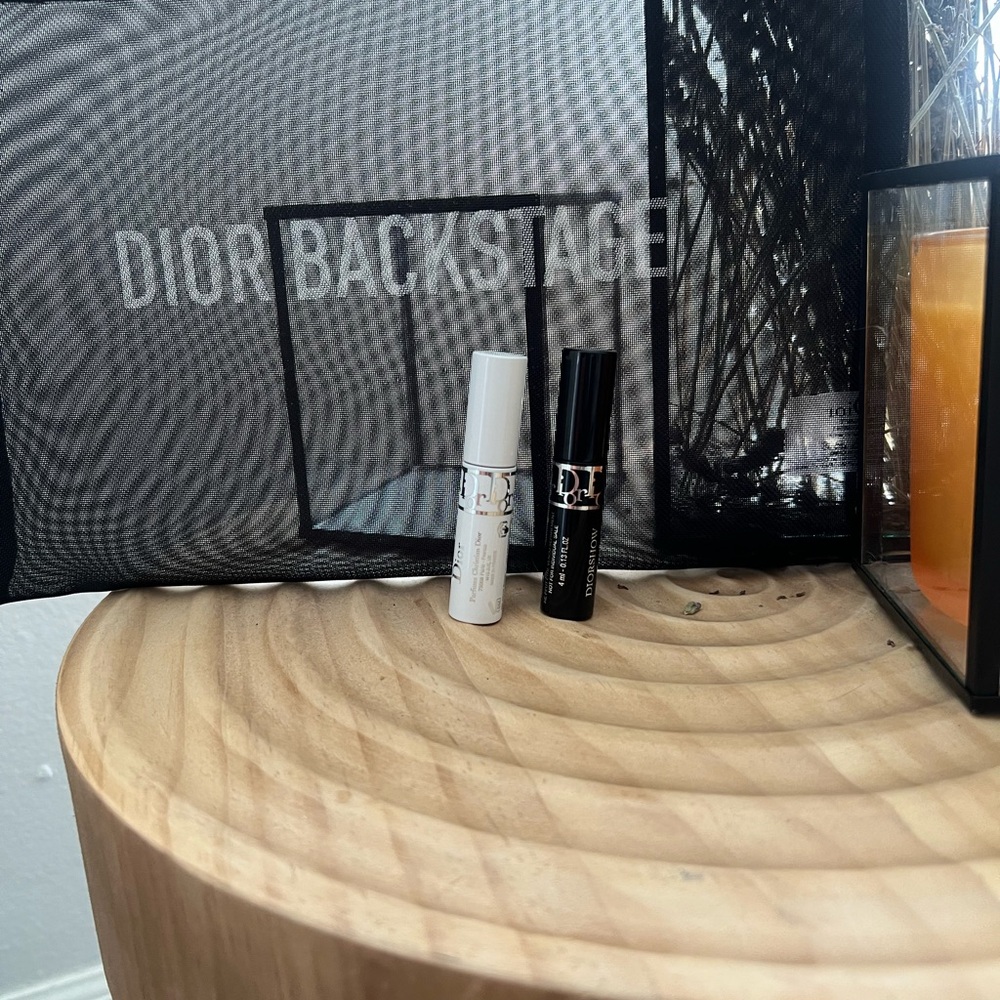 Dior Black Toiletry Bag with Mesh Design with primer and blk mascara 🎉🎉🥂❤️